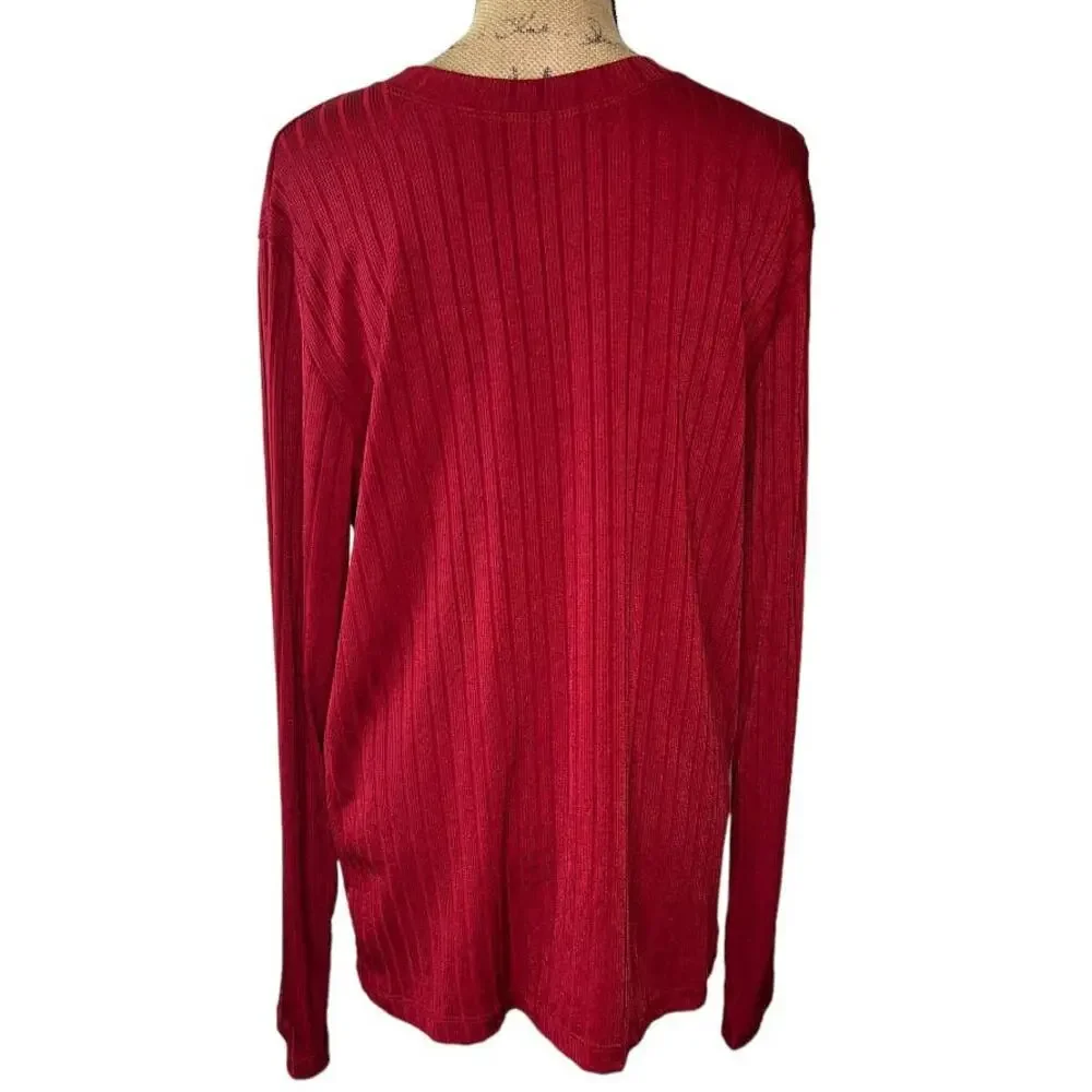 Vintage 90s Red Ribbed Knit Shirt Mens Medium Slim Fit Stretch